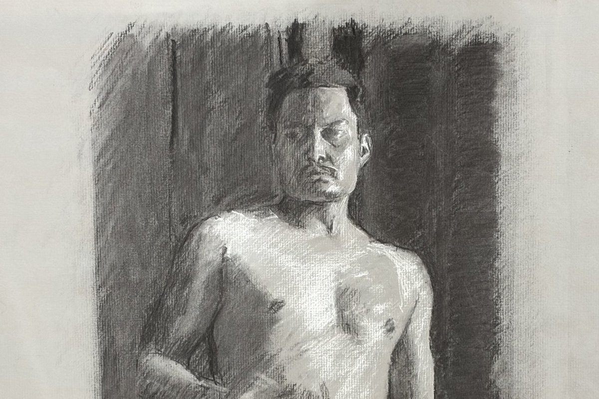 Untitled, charcoal and white chalk on toned paper, 2026